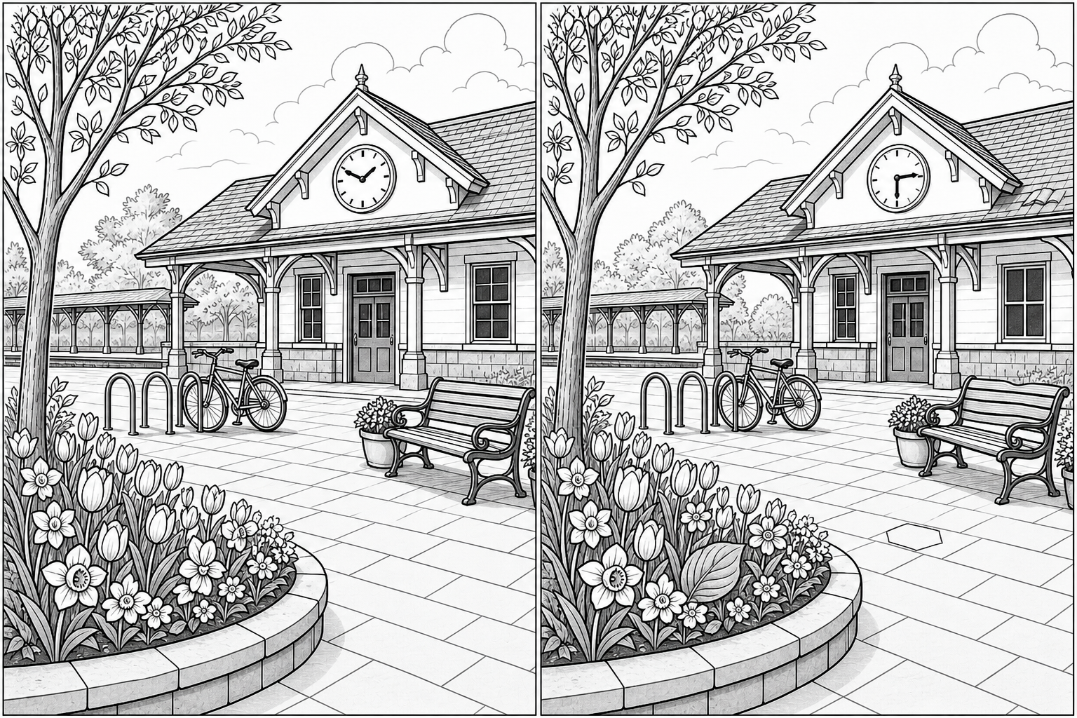 問題04 花壇のある駅前のイラスト間違い探し