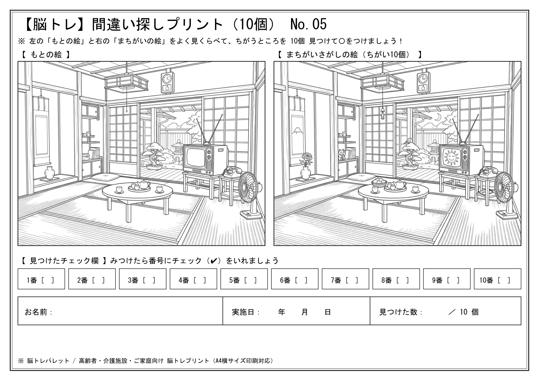 第04問 昭和のお茶の間（ちゃぶ台と白黒テレビ）の昭和レトロ間違い探し
