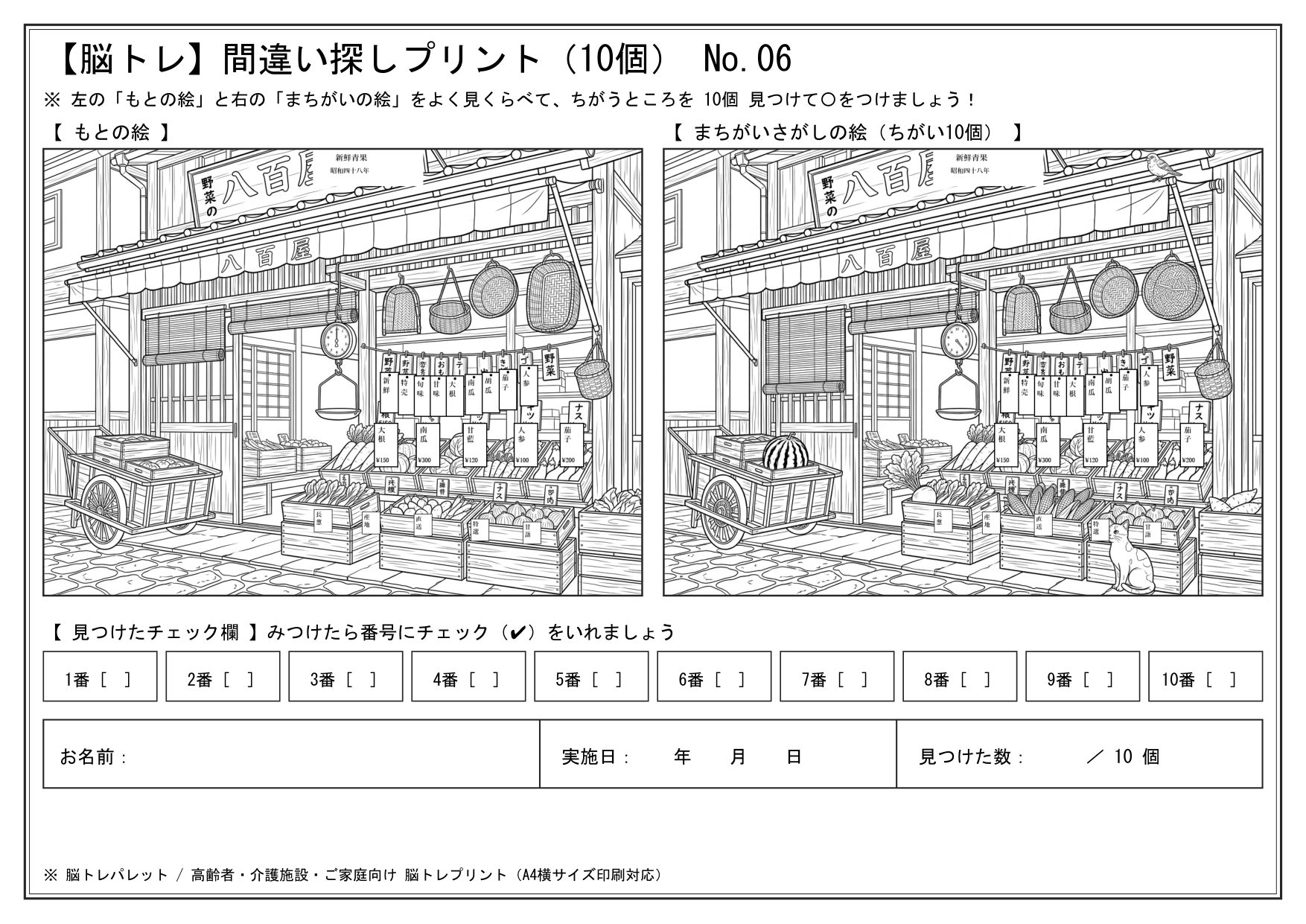 第05問 下町の八百屋さんの昭和レトロ間違い探し